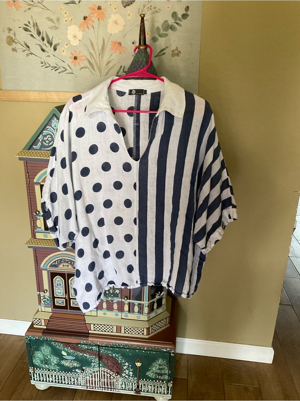 Striped & Polka Dot V-Neck Button-Back Women’s Top - Navy/White